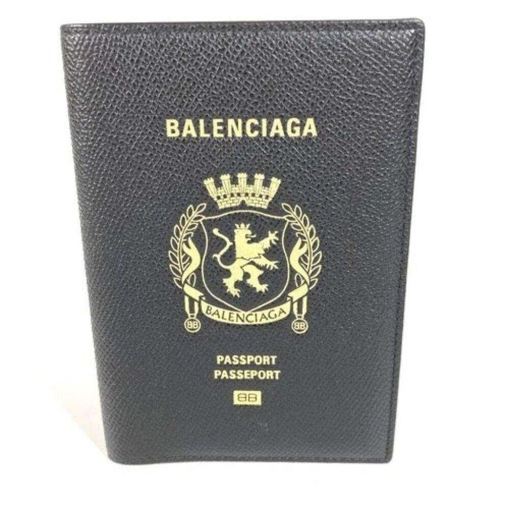 BALENCIAGA 787742 logo Cover Stationery Bi-fold passport case Black/Gold Unused
